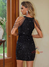 Black Sequins Halter Beading Party Dress