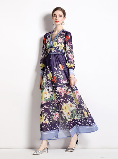 Summer V-neck Chiffon Printed Long Dress