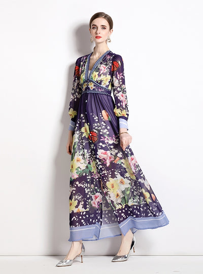 Summer V-neck Chiffon Printed Long Dress