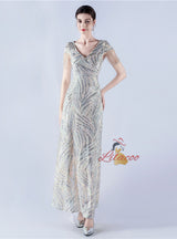 V-neck Sequins Cap Sleeve Beading Sequins Prom Dress