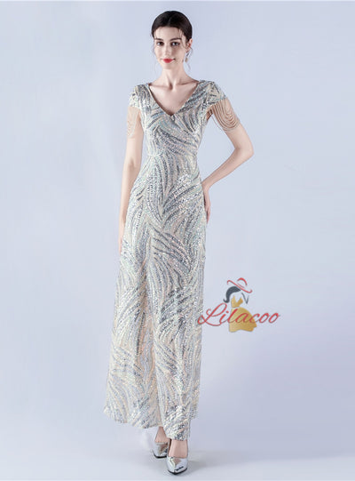 V-neck Sequins Cap Sleeve Beading Sequins Prom Dress