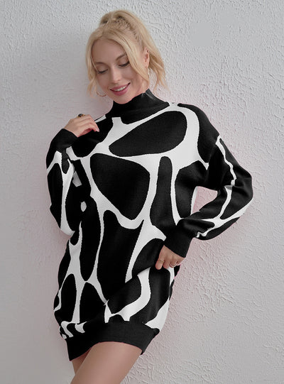 Contrast Long Sleeve Knitted Sweater Dress