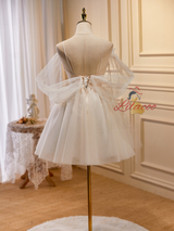 White Tulle Pearls Homecoming Dress