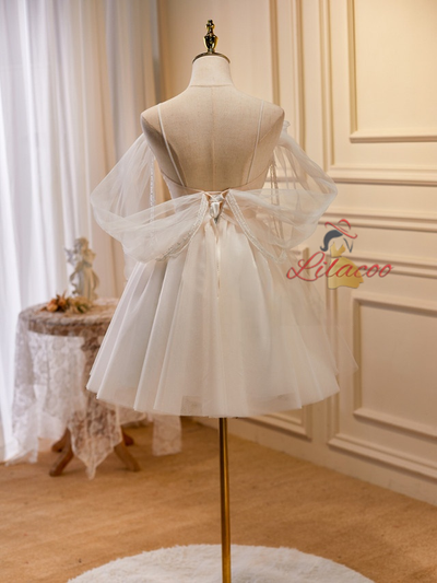 White Tulle Pearls Homecoming Dress