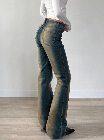 Retro Plant Embroidery High Waist Jeans