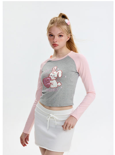 Embroidered Rabbit Long Sleeve Short T-shirt