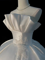 White Satin Strapless Appliques Wedding Dress