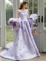 Purple Satin Strapless 3D Flower Prom Dress