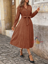 Brown Corduroy V-neck Joker Dress