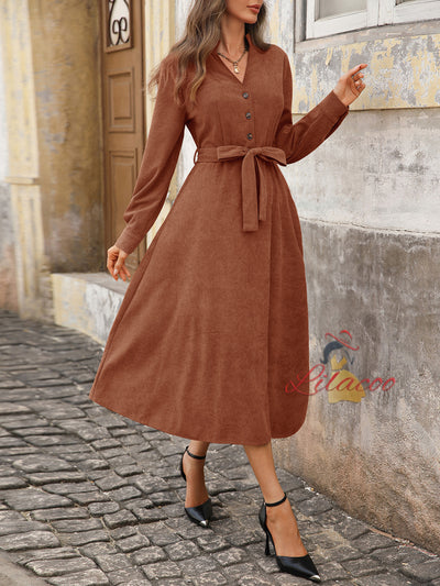 Brown Corduroy V-neck Joker Dress