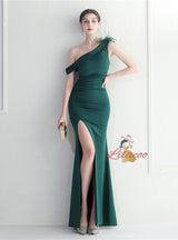 Navy Blue One Shoulder Split Prom Dress