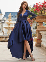 Navy Blue Satin Long Sleeve Prom Dress