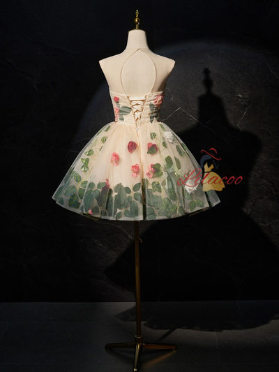 Champagne Tulle Flower Homecoming Dress