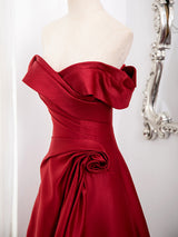 Burgundy Satin Pleats Split Prom Dress