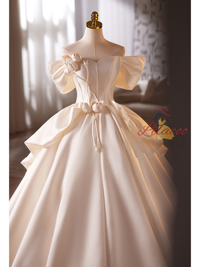 Ivory Satin Off the Shoulder 3D Flower Wedding Dress