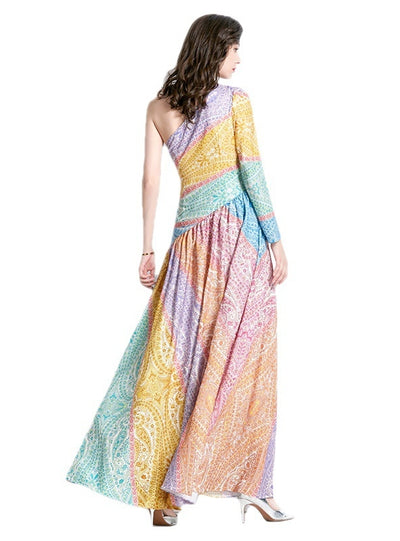One-shoulder Irregular Color Print Dress