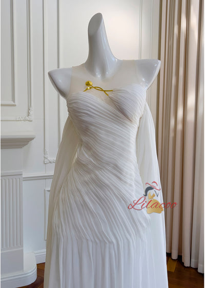 White Chiffon Pleats Prom Dress