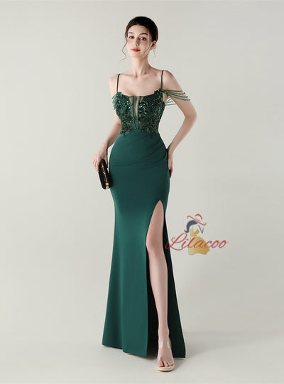 Mermaid Spaghetti Straps Sequins Beading Prom Dress