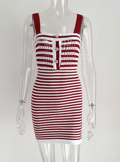 Button Openwork Striped Suspender Sweater Dress