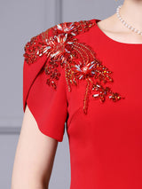 Red Short Sleeve Crystal Mother Of The Bride Dress