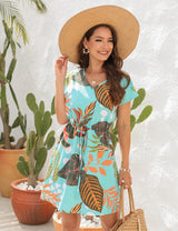 Floral Printed V-neck Short Sleeve Loose Dress