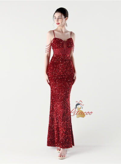 Mermaid Sequins Spaghetti Straps Appliques Prom Dress