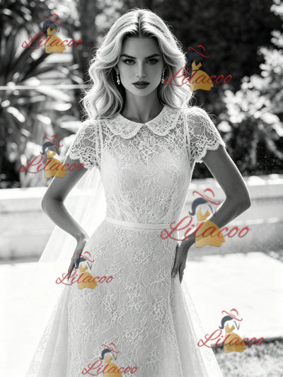 White Lace Short Sleeve Wedding Dress