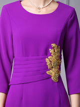 Purple Short Sleeve Crystal Mother of the Bride Dress
