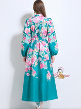 Retro Printed Breasted Bubble Sleeve Dress