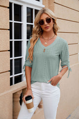 Button V-neck Solid Color Loose T-shirt