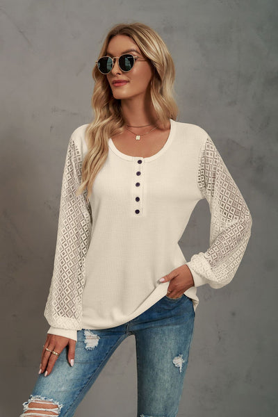 Stitching Long Sleeve Button T-shirt