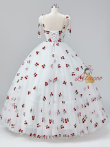 White Tulle Cherry Print Pleats Prom Dress