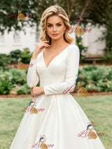 White Satin V-neck Long Sleeve Wedding Dress