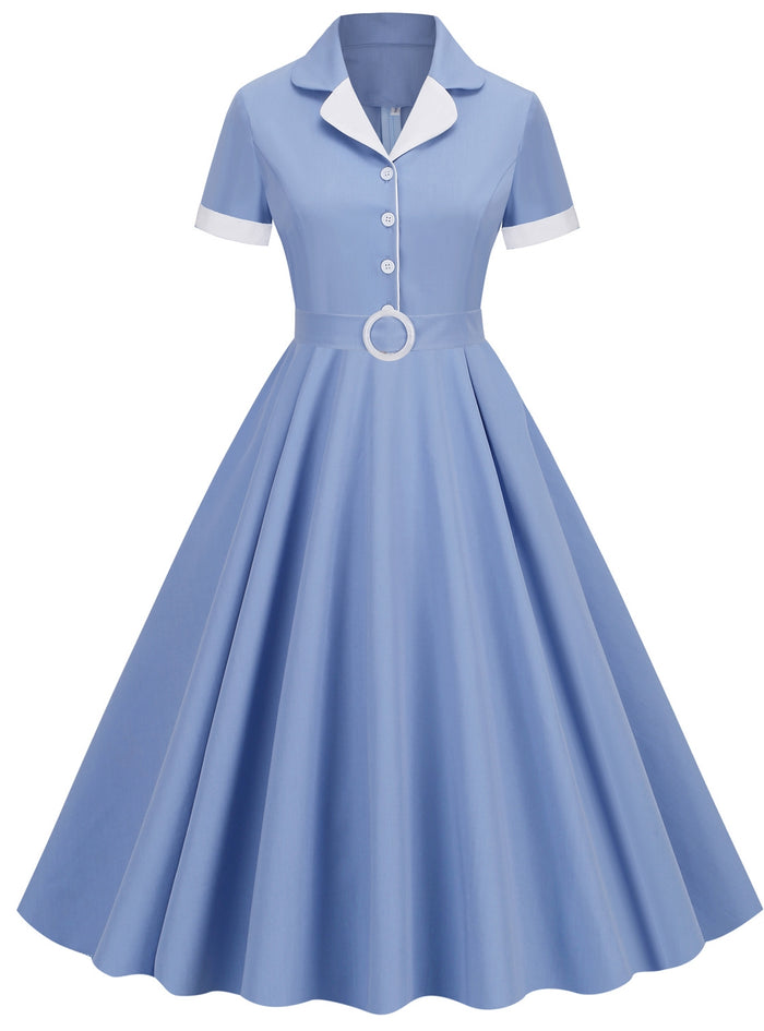 Short Sleeve Belt Vintage Dress