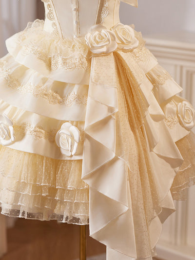 Champagne Satin Tulle Flower Wedding Dress