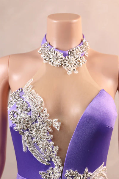 Purple Mermaid Halter Crystal Prom Dress