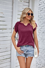 Solid Color U-neck Loose Pleated Short Sleeve T-shirt