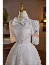 White Lace High Neck Short Sleeve Wedding Dress