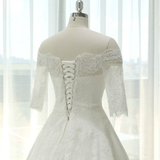 White Satin Lace Short Sleeve Wedding Dress