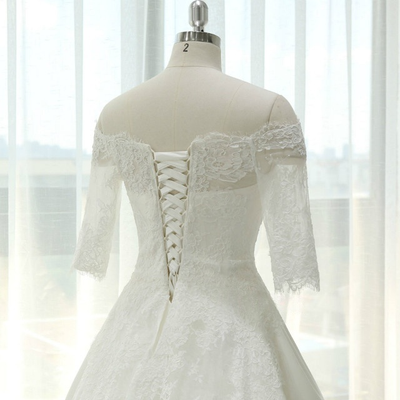 White Satin Lace Short Sleeve Wedding Dress