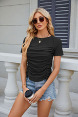 Solid Color Slim Pleated Short Sleeve T-shirt