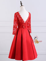 Red Satin Lace Short Sleeve Homecoming Dress