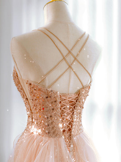 Gold Sequins Straps Split Prom Dress