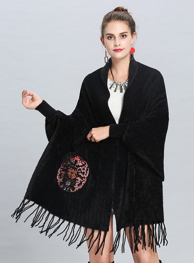 Embroidered Knitted Fringed Long Shawl