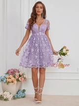 Purple Lace Short Sleeve Party Dress