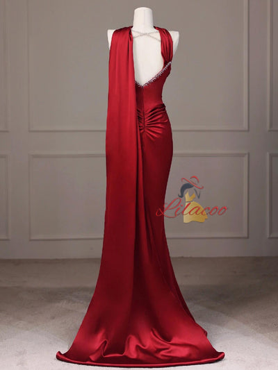 Burgundy Mermaid Satin Pleats Prom Dress