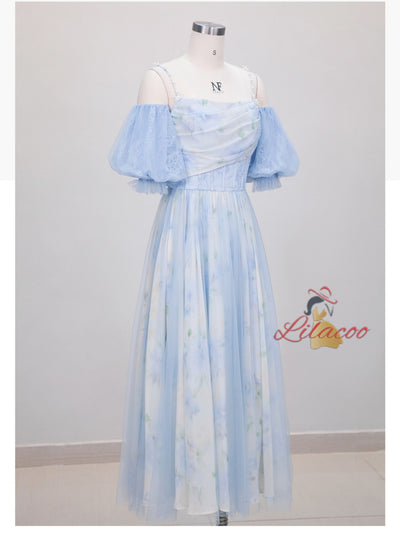 Strap Pleated Print Lantern Sleeve Dress