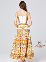 Blue and White Printed Suspender Vest+Length Skirt