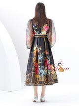 V-neck Lantern Sleeve Long Retro Print Dress