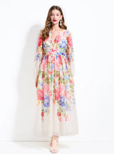 Printed V-neck Chiffon Long Sleeve Dress